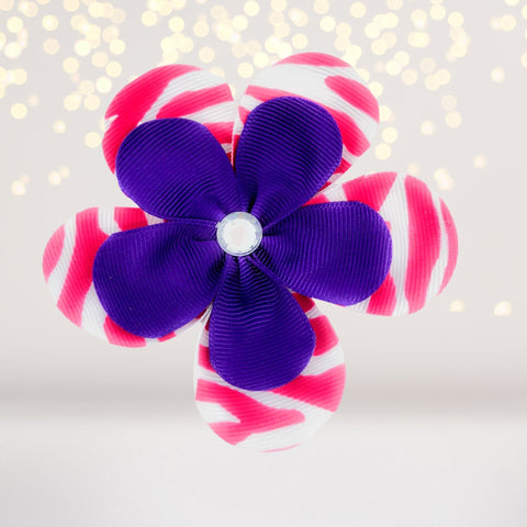 Girls Ribbon Hair Flower on Snappy Clip - Hot Pink