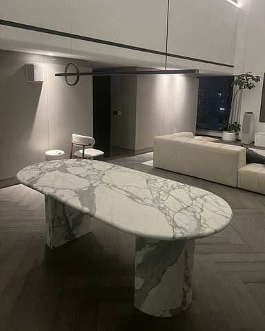 Natural Marble Calaeatta White Dining Table - Semi-cyl Base