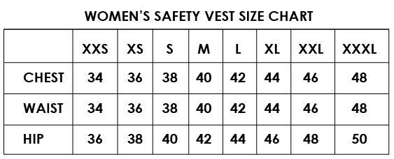 women's safety vest size chart