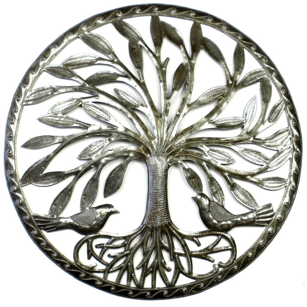 Tree of Life with Two Birds Ringed Haitian Steel Drum Wall Art, 23"