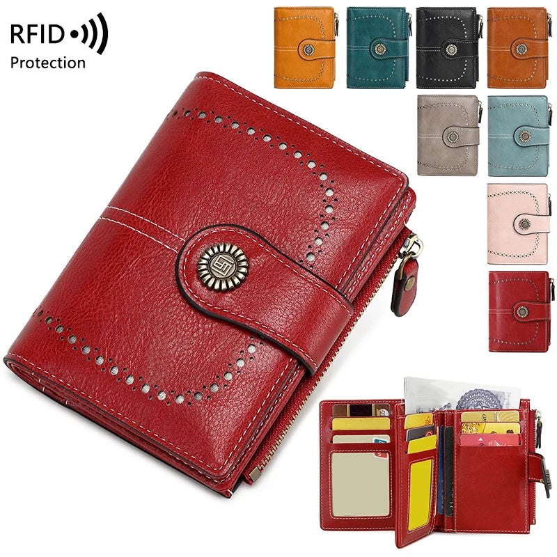 RFID Blocking Women’s Retro Wallet – Multi-Card Holder, Zipper Coin Purse, Anti-Theft Short Wallet with Buckle, Fashion Small Wallet for Cards, Cash, and Coins