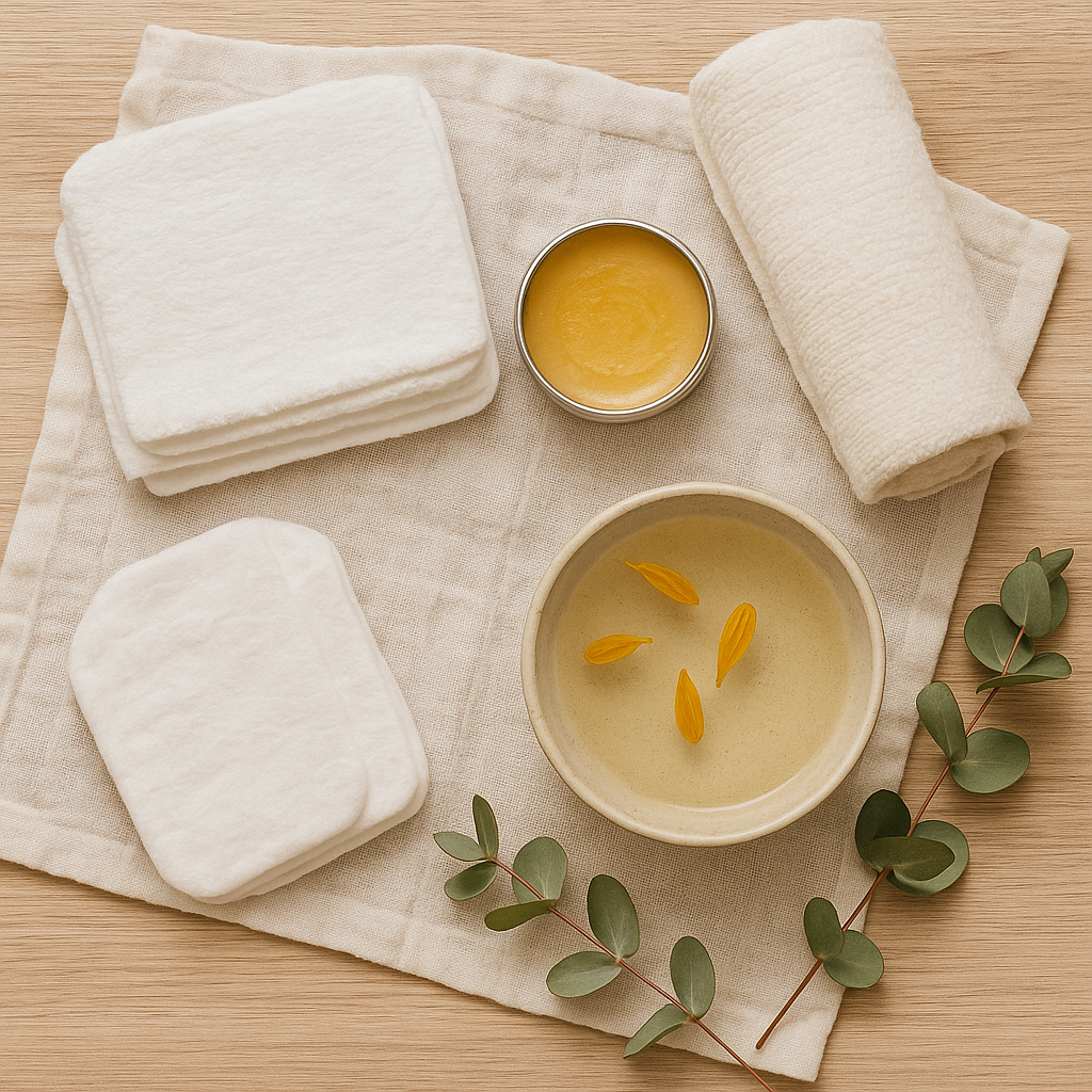Square flat-lay of baby skincare items including balm tin, bowl with calendula petals, cotton wipes, towel, and eucalyptus on light wooden surface—gentle care for nappy rash prevention