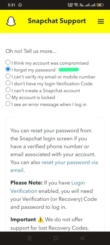 snapchat account recovery without email