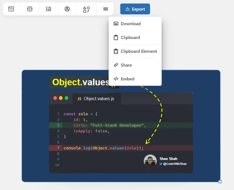 Export and embed code snippet