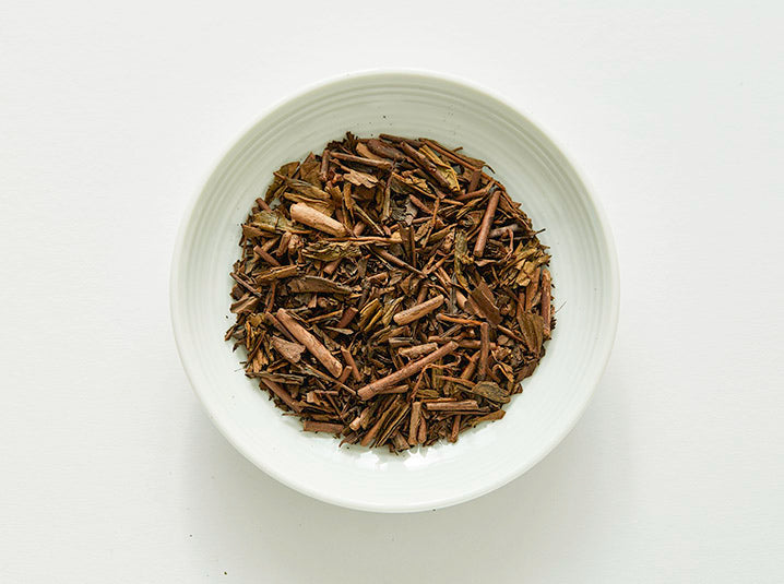 Hojicha Roasted Green Tea refill in a white plate