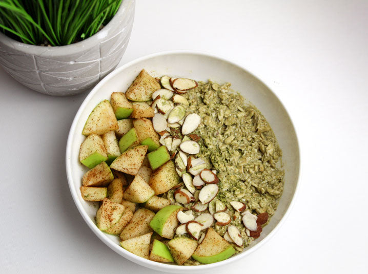 matcha overnight apple pie oats in white bowl
