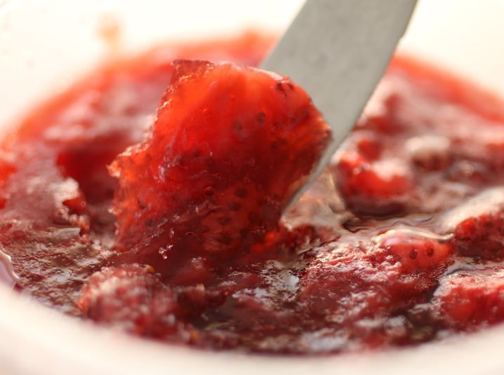 Closeup view of homemade jam recipe Matcha Strawberry Jam