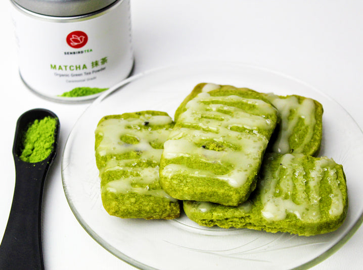 senbird organic matcha shortbread cookies with honey milk glaze