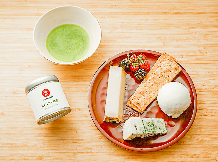 organic ceremonial matcha powdered green tea with burrata pairing fruits and Match tea tin