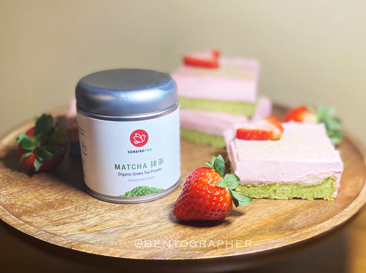 Strawberry Cream Matcha Shortbread Bars With Matcha tea tin