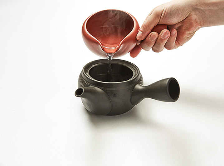 Pouring hot water in black kyusu teapot