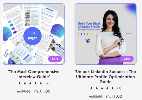 Vcareer Most comprehensive interview guide and Linkedin guide, front pages of the guides side by side