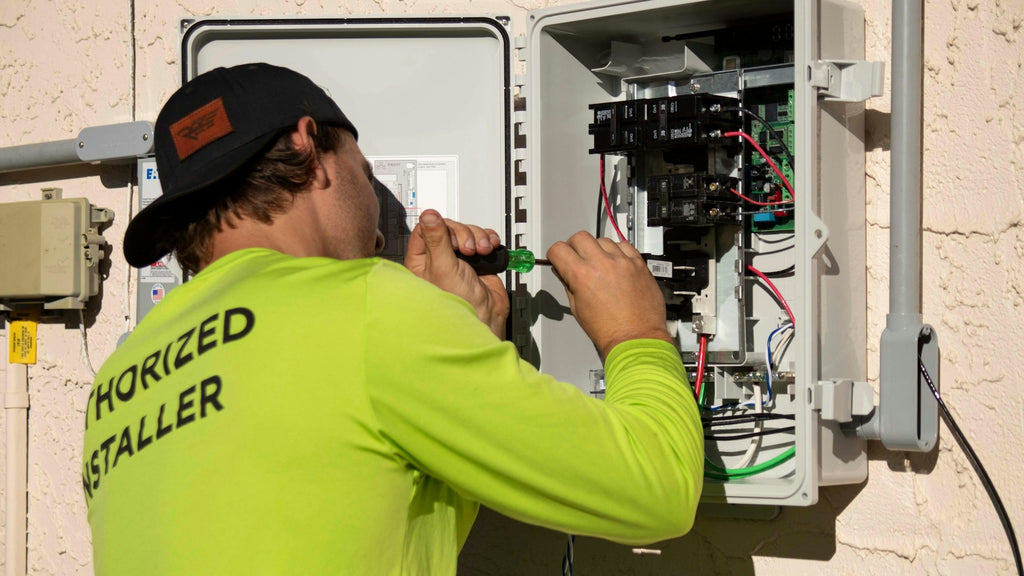 Workers are repairing a faulty solar inverter