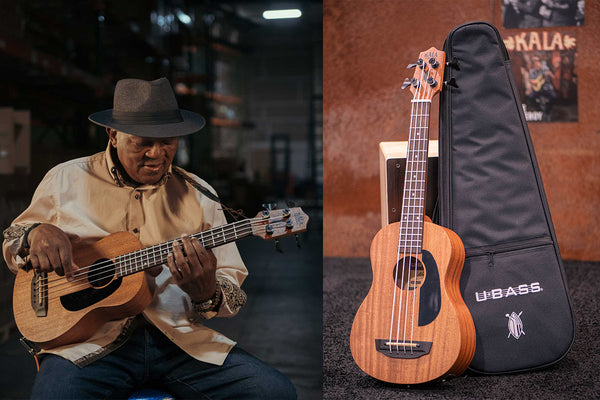 A collage of two images: on the left, Bakithi Kumal, wearing a hat, plays a mahogany U•BASS® with a black pickguard in a warehouse; right image shows the same U•BASS® leaning against a black gig bag with U•BASS® logo and Zulu shield silikscreened in white in front of the Kala tradeshow booth.