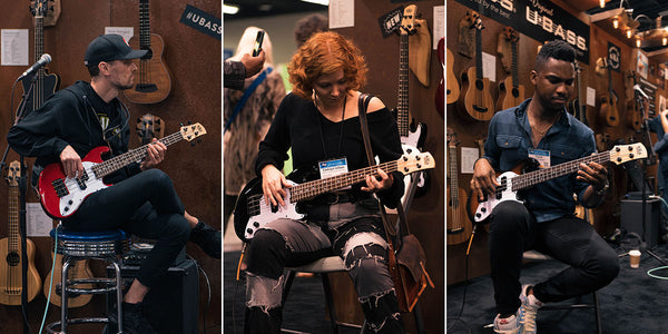 A collage of  3 images side-by-side each showing a different person seated, playing the Kala Solid Body U•BASS® in front to Kala's tradeshow booth.