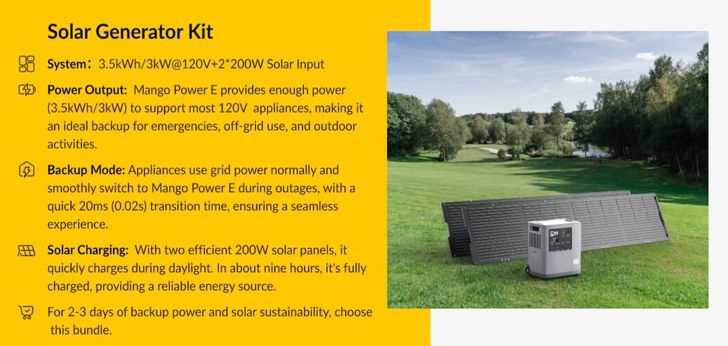 Mango Power E Home Backup and Portable Power Station Solar Generator Kit Bundle MPB01US1N004