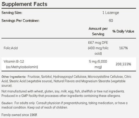 Methyl Vitamin B-12 5,000mcg with Folic Acid - 60 Lozenges by NOW Foods