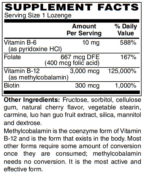 BariatricPal Methyl B-12 (3,000 mcg) with Biotin, B6 & Folate - Cherry Flavored Lozenges