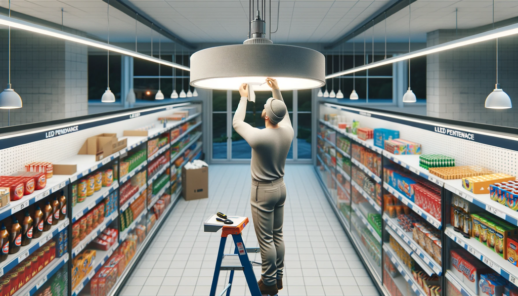 An employee performs regular maintenance of the led pendant light at a store