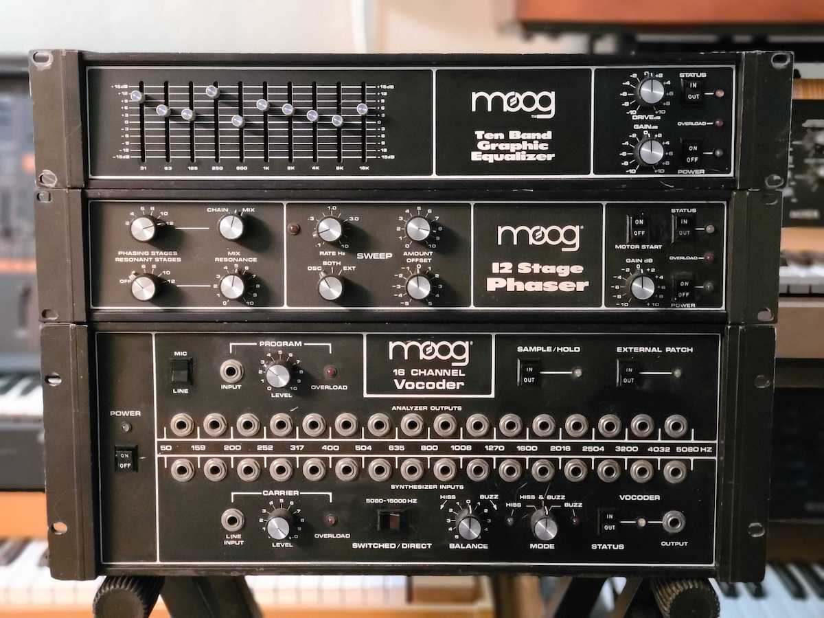 Several vintage Moog rack effect units, set up in the Cherry Audio studios