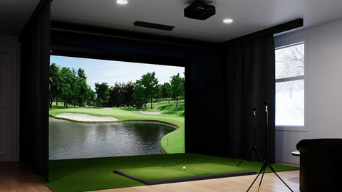 Carl's Place Golf Room Curtain blocking light from a window inside a simulator room.