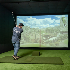 Carl's Place Floor Mounted Projector Enclosure with golfer swinging.