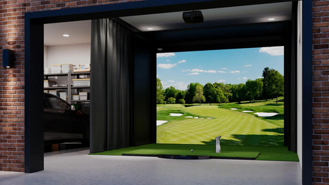 Carl's Place Golf Room Curtain setup inside garage with simulator.