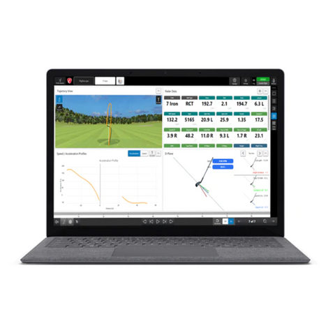 FlightScope Mevo+ Launch Monitor with FS Golf on laptop.