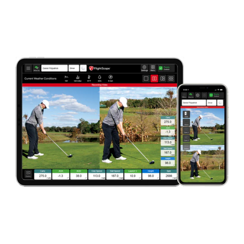 FlightScope Mevo+ Launch Monitor with Multicam view on iPad and iPhone.