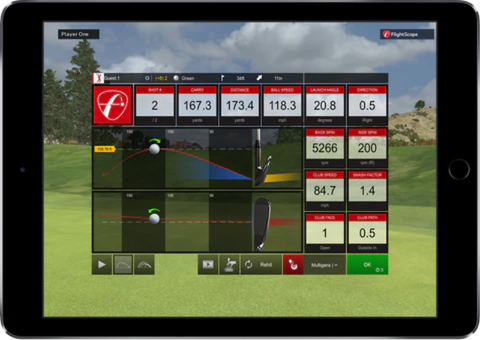 FlightScope Mevo+ Pro Package with data parameters user interface.