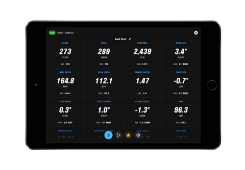 Full Swing Kit Launch Monitor App with 16 data points displayed.