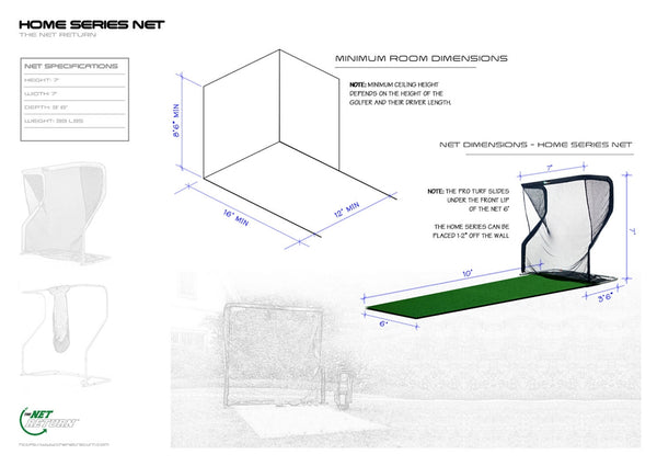 The Net Return Home Series V2 net specifications and minimum room dimensions.