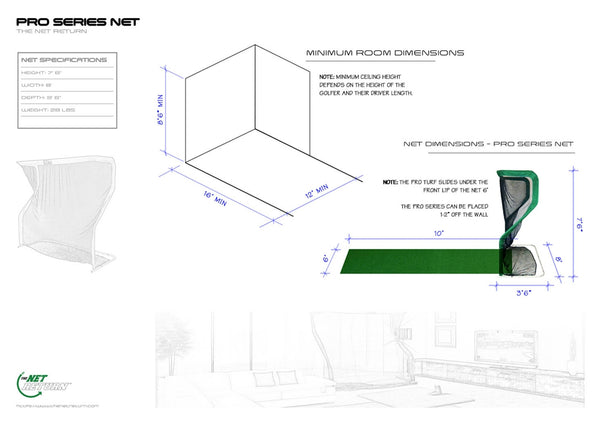 The Net Return Pro Series Net specifications and minimum room dimensions.