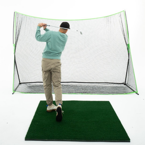 SIG 10' x 7' Rectangular Golf Hitting Net with golfer and mat.