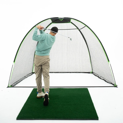 SIG 10' x 7' Rounded Golf Net with mat and golfer.
