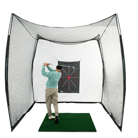 SIG 10' x 10' x 10' Square Golf Net with golf mat and target.
