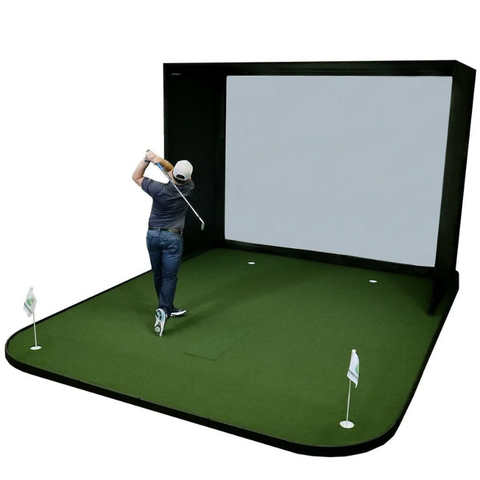 SIGPRO Golf Simulator Flooring with golfer and SIG Enclosure.