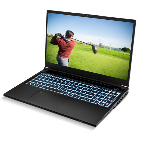 SurfThing M1 Golf Simulator Laptop with golfer on the screen.