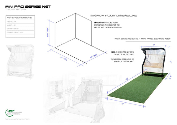 The Net Return Simulator Series 8 net specifications and minimum room dimensions.