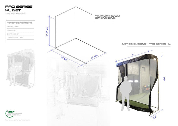 The Net Return Pro Series V2 XL Golf Net specifications and minimum room dimensions.