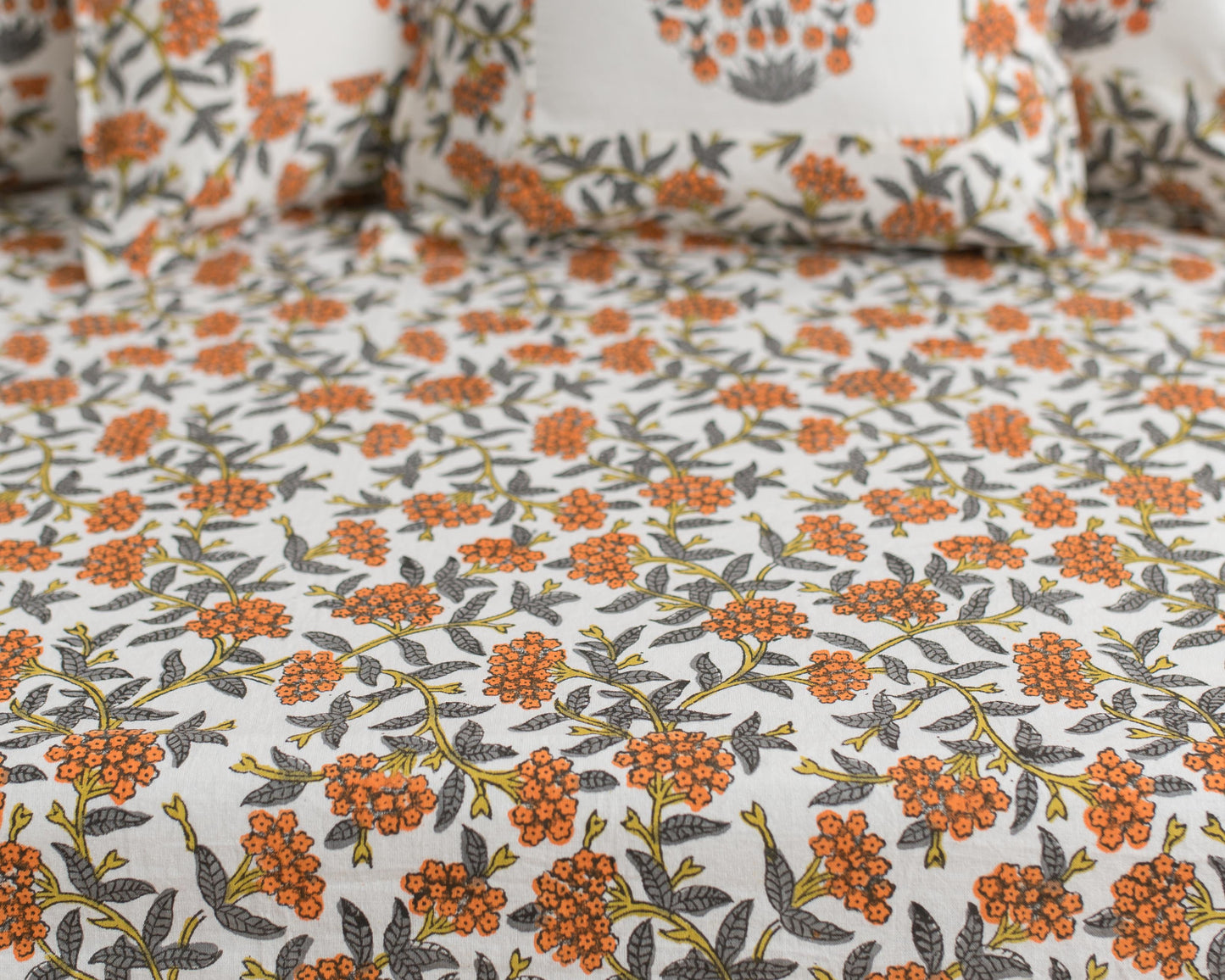 Cotton Diwan Set Orange Grey Floral Jaal Block Print 4
