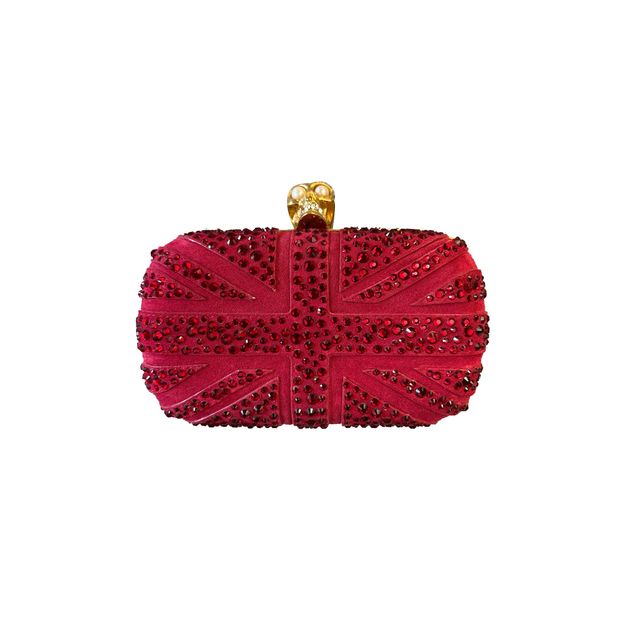 Image of Alexander McQueen Britannia Crystal Embellished Skull Clutch Bag in 'Dark Cherry' Red Suede