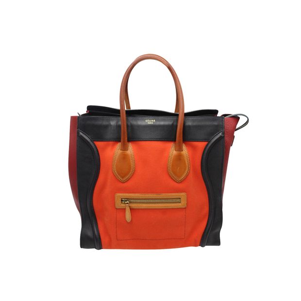 Image of Celine Tricolor Micro Luggage Tote Bag in Red Orange Black Canvas and Leather