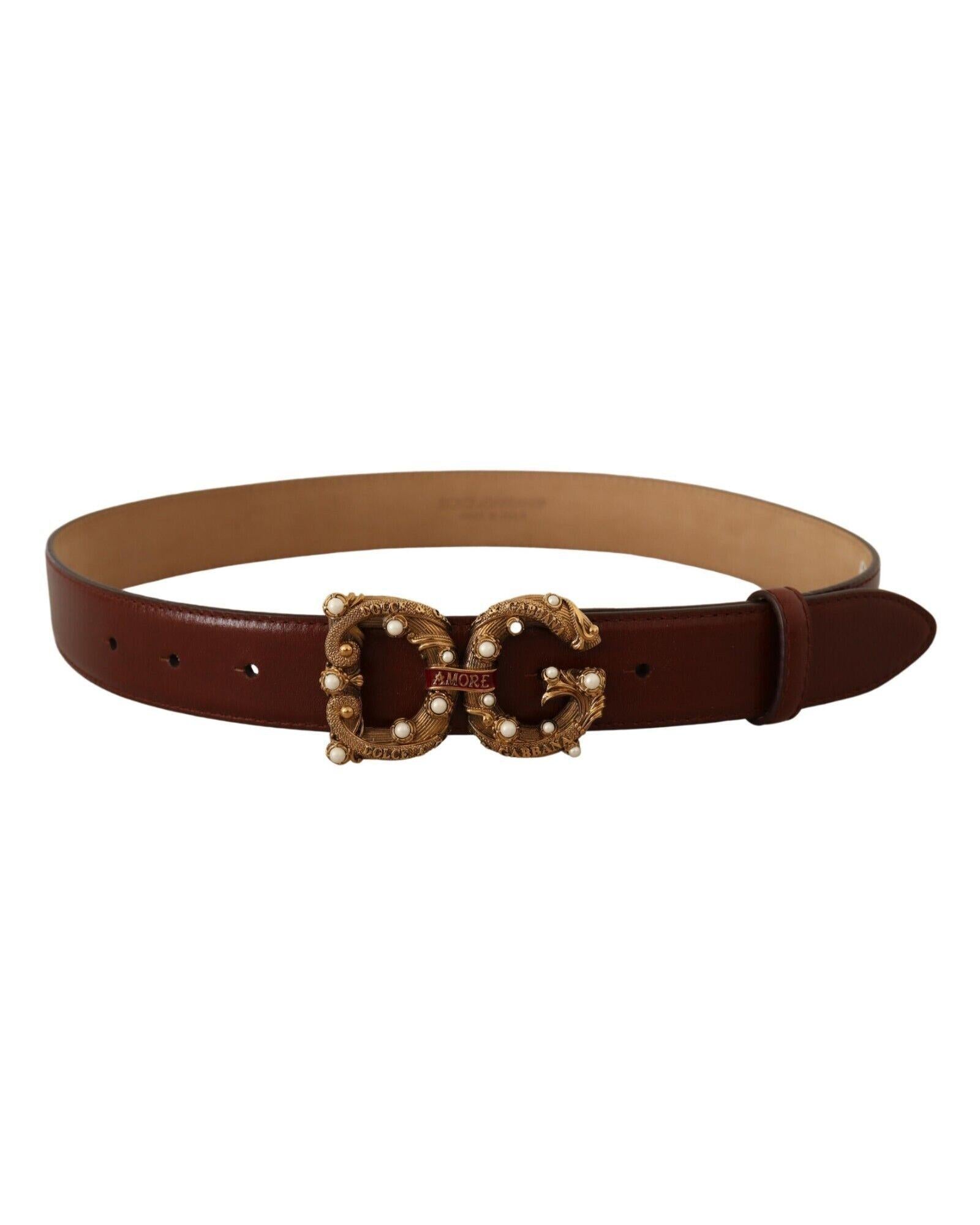 image of Dolce & Gabbana Women's Brown Leather Brass Logo Buckle Amore Belt