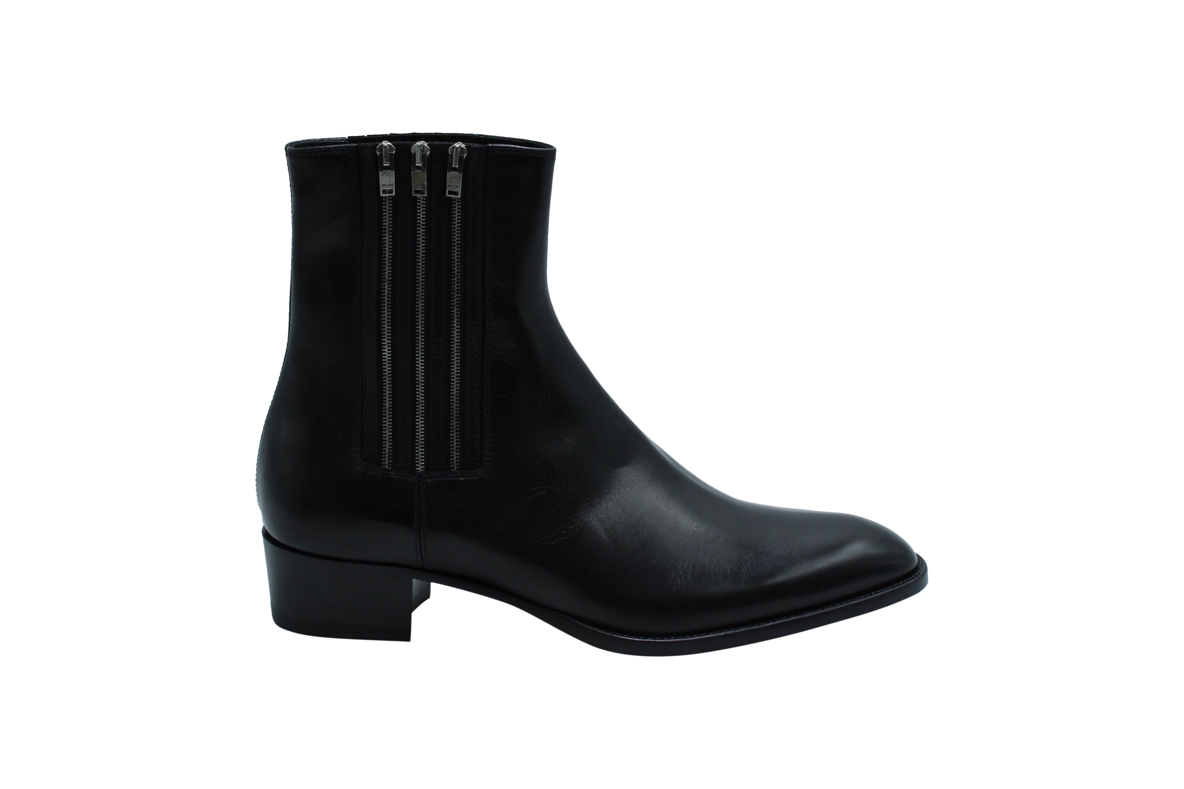 image of Saint Laurent Triple-Zip Wyatt Chelsea Ankle Boots in Black Leather