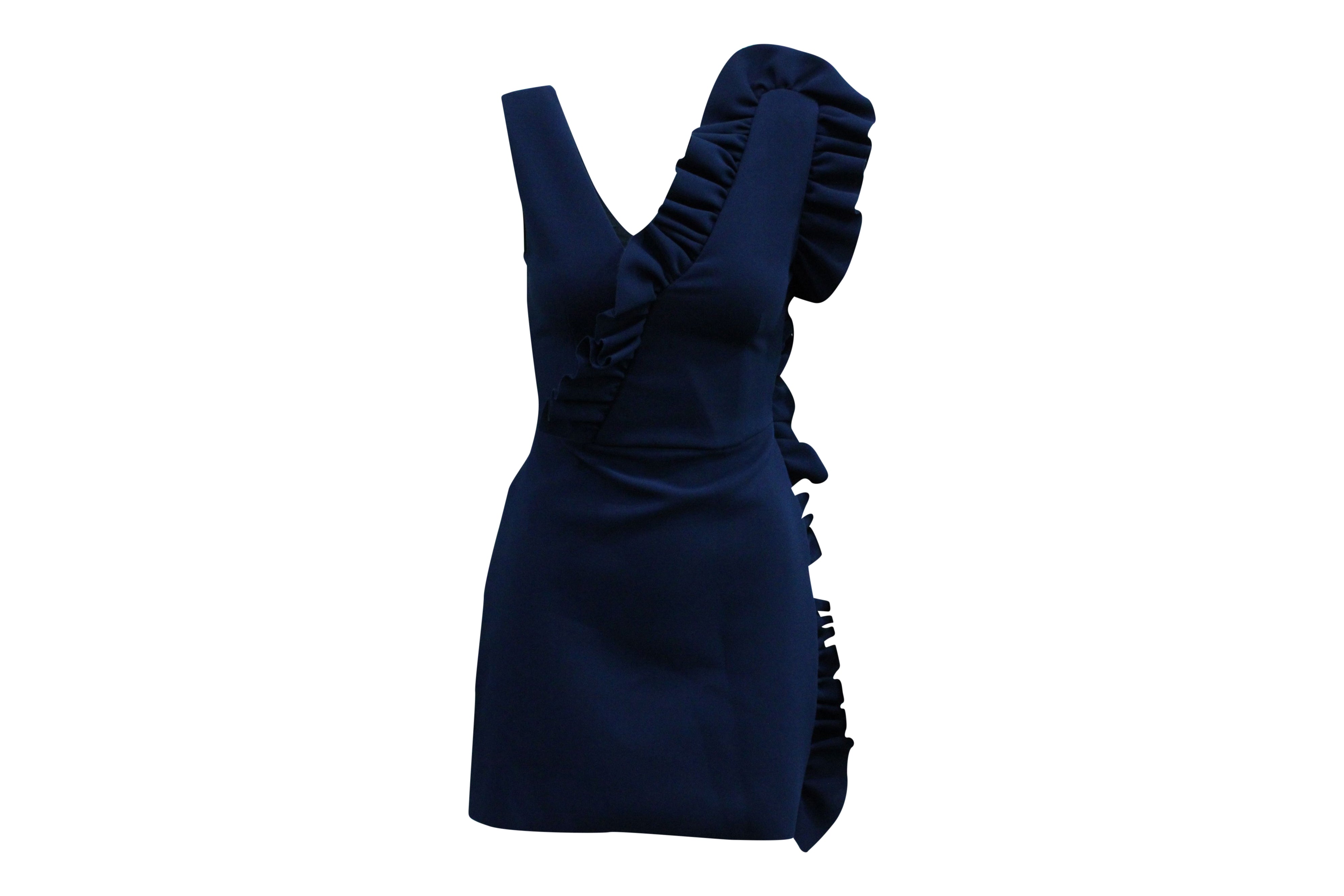 Image of MSGM Asymmetrical Ruffle Dress in Navy Blue Polyester