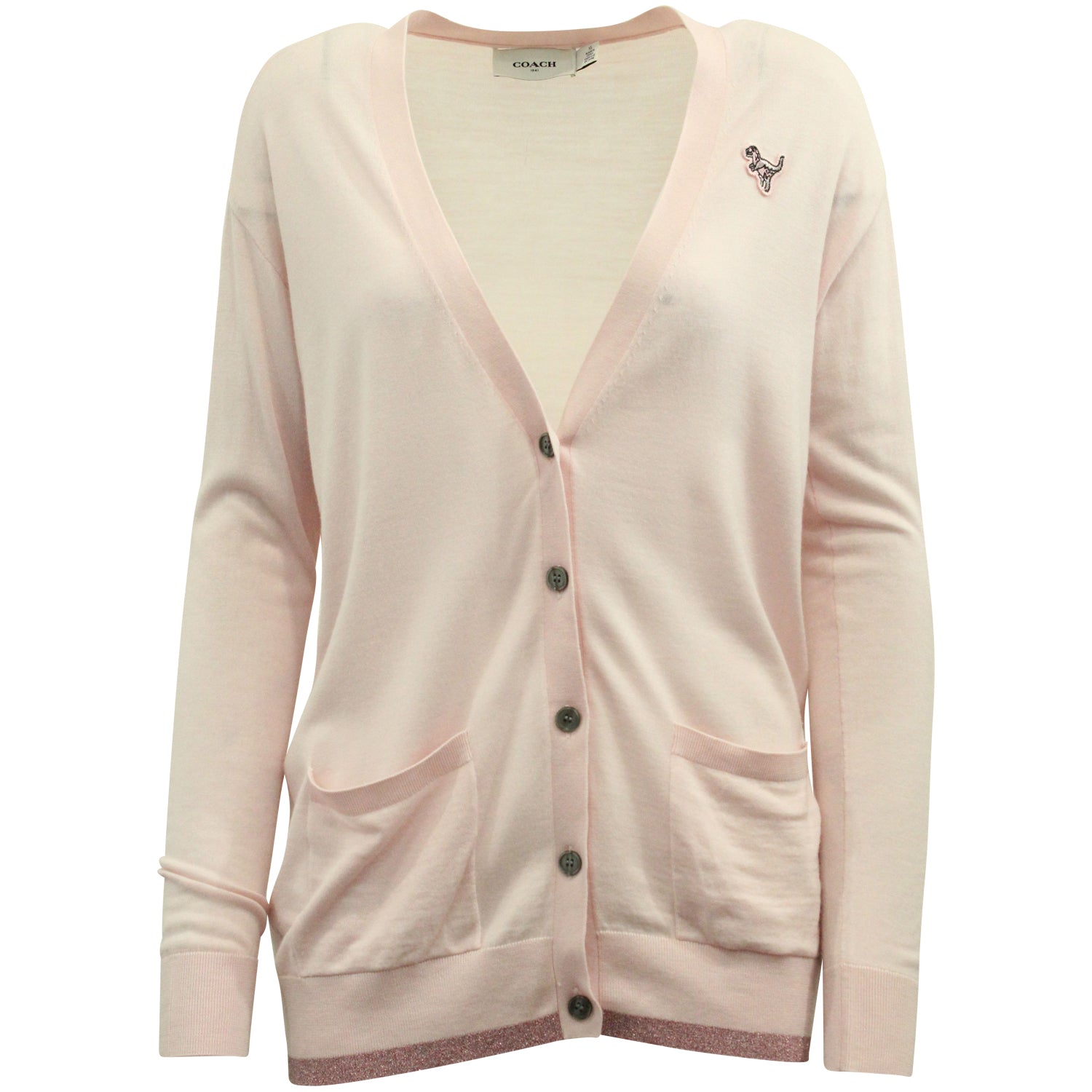 image of Coach Rexy Patch Metallic Cardigan in Light Pink Wool