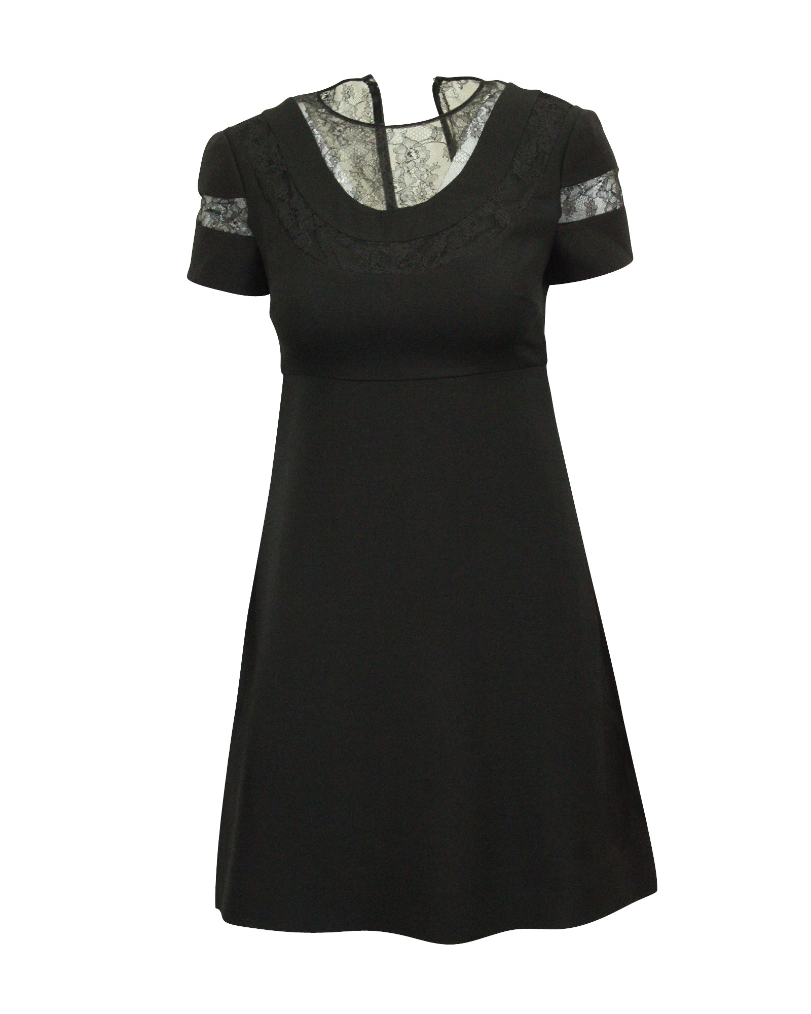 image of Valentino Chantilly Lace Paneled Cocktail Dress in Black Wool