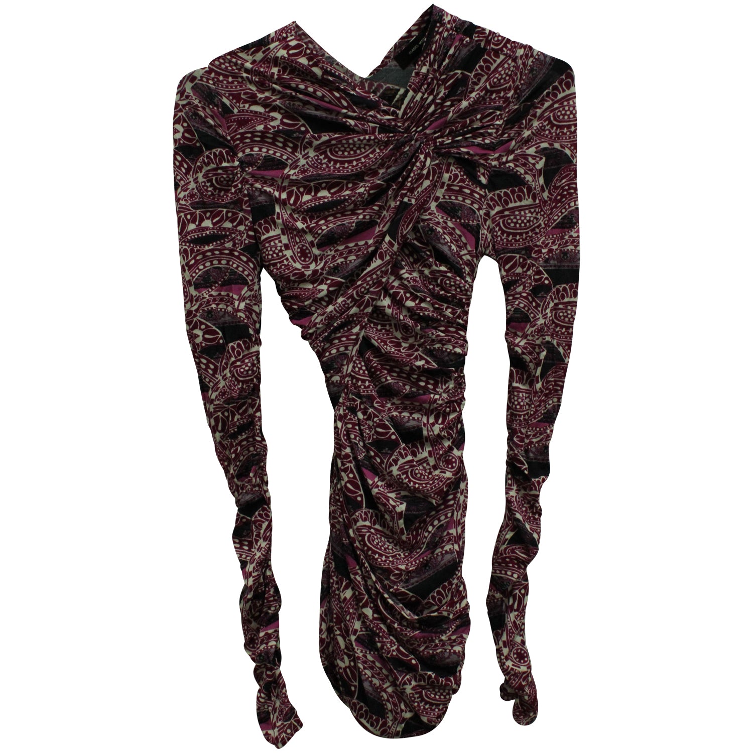 image of Isabel Marant Ruched Paisley Print Mini Dress in Purple Viscose