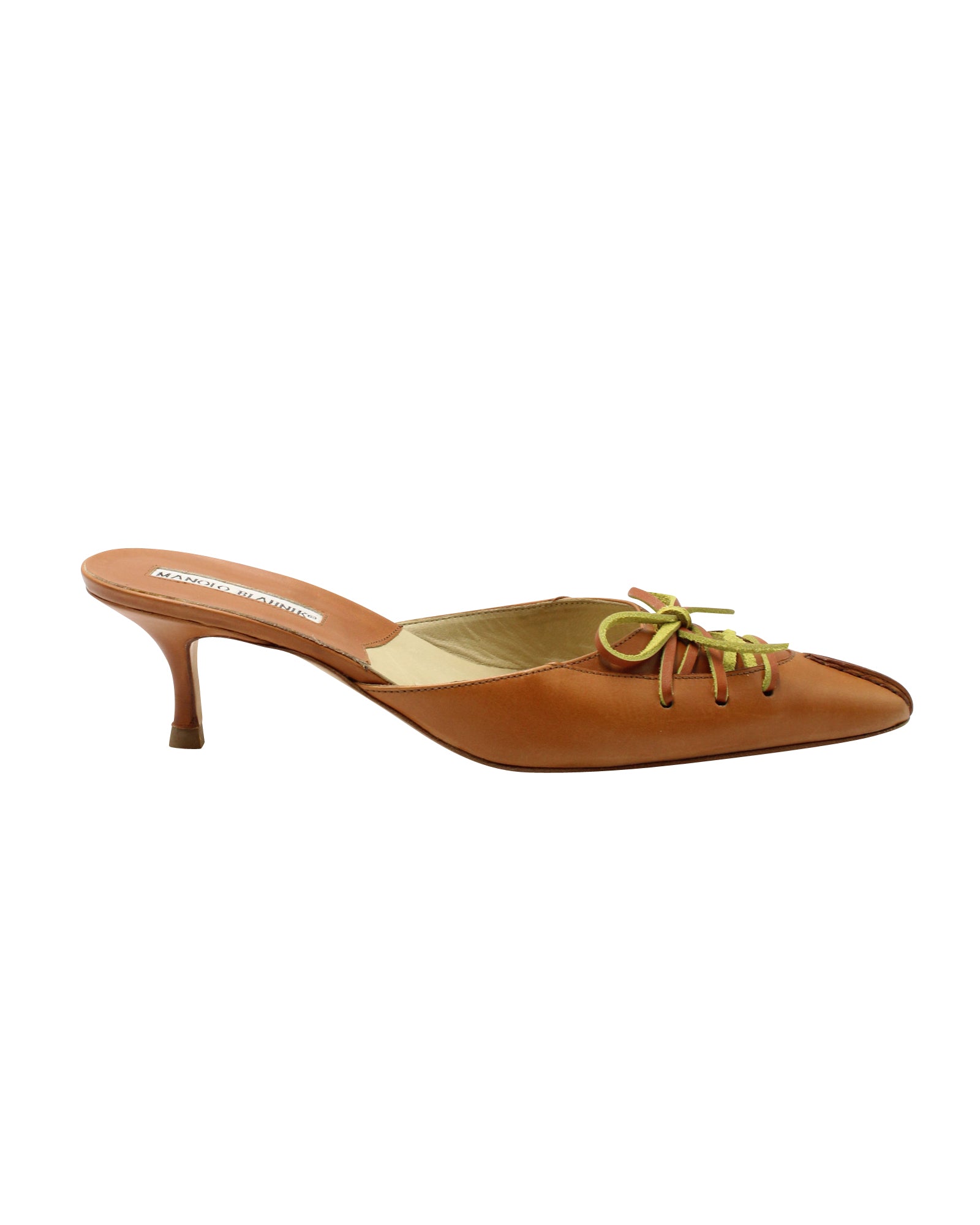 image of Manolo Blahnik Bow Pointed Toe Mules in Brown Leather